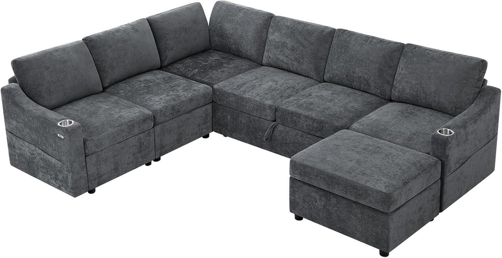 116" Chenille Modular Sofa Bed w/Adjustable Backrests, U-Shape Sleeper Sofa w/USB Ports & Storage Space, Convertible Corner Sectional Couch w/Pull Out Bed for House, Living Room, Grey