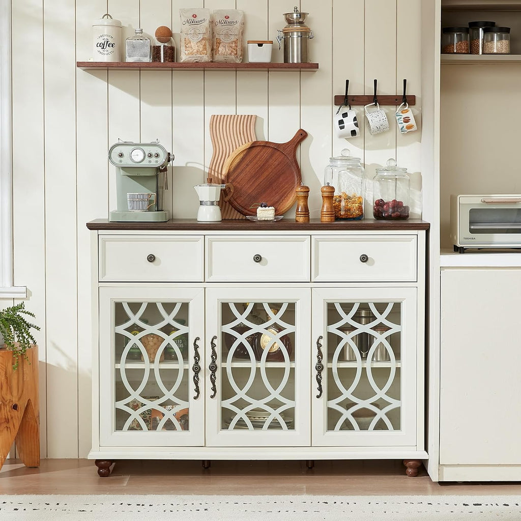 Joaxswe Farmhouse Sideboard Buffet Cabinet with Storage,48" Large Credenza with 3 Glass Doors & 3 Drawers,Adjustable Shelves Console Table,Wood Kitchen Coffee Bar for Dining Room,Living Room,White