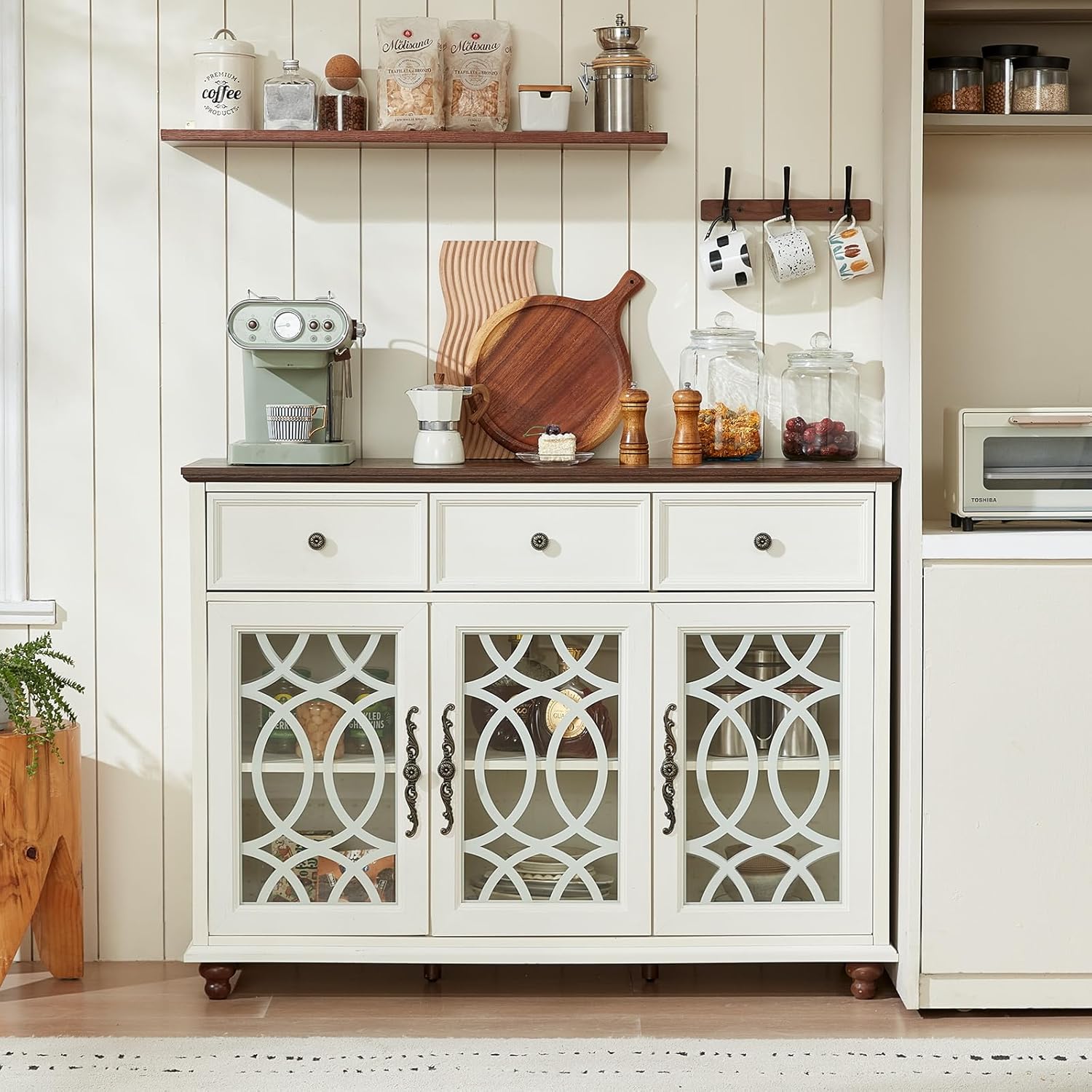 Joaxswe Farmhouse Sideboard Buffet Cabinet with Storage,48" Large Credenza with 3 Glass Doors & 3 Drawers,Adjustable Shelves Console Table,Wood Kitchen Coffee Bar for Dining Room,Living Room,White