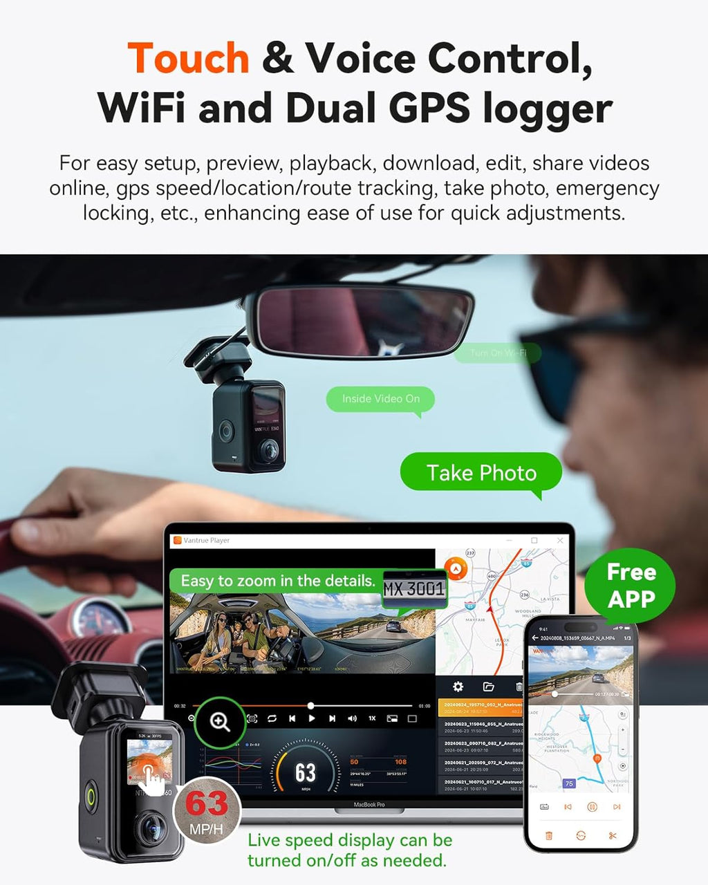 Vantrue E360 Plus All Channel Dash Cam  585°  Dual STARVIS 2  Fisheye Front + Fisheye Inside + Rear Dash Camera  Dual IR Night Vision  GPS  WiFi  Touchscreen  Parking Mode  Voice Control  Support 1TB