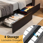 King Farmhouse Bed Frame with Bookcase Headboard and 4 Drawers, LED Storage Bed with Charging Station & Linen Upholstered, No Box Spring Needed,Black