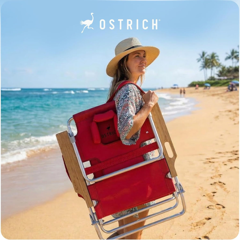 Ostrich the Deluxe 3N1 Lightweight Lawn Beach Reclining Lounge Chair with Footrest, Outdoor Furniture for Patio, Balcony, Backyard, or Porch, Red