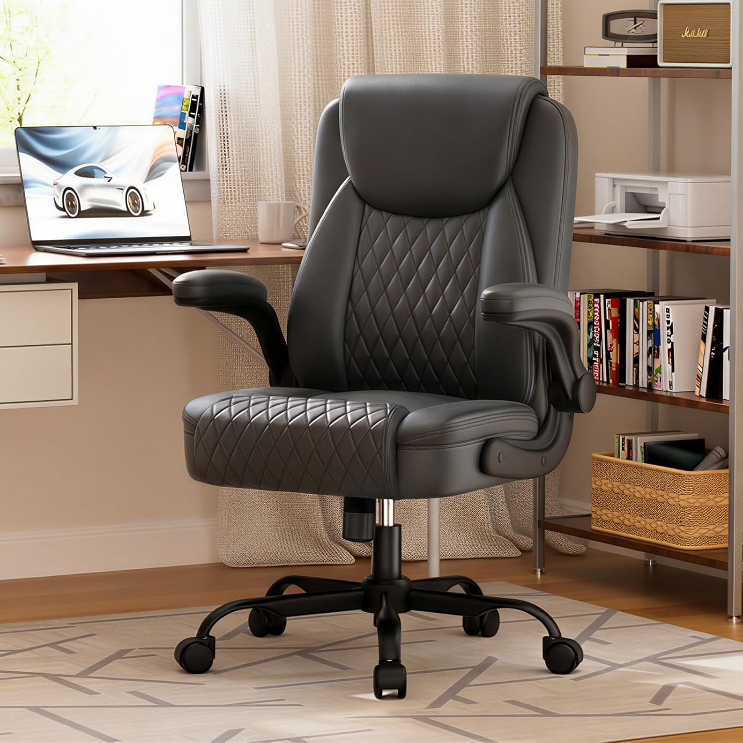 GTPLAYER Leather Office Chair, Home Desk Chair with Flip-up Arms and Ergonomic Back - Comfy Heavy Duty Executive Chair for Home Office Gaming, Gray