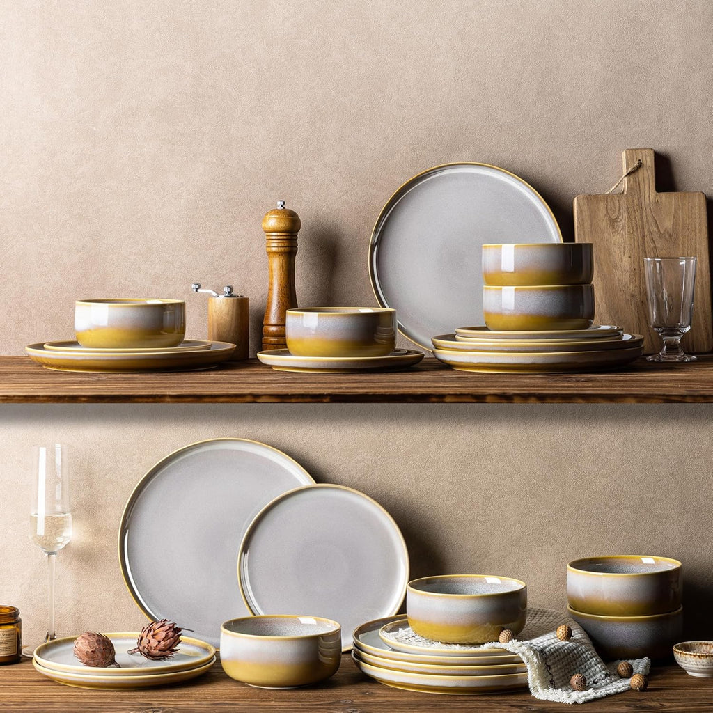 TheTerra Ceramic Dinnerware Sets for 6, 18 Pieces Handmade Reactive Glaze Plates and Bowls Set, Scratch Resistant Dish Set, Oven & Microwave & Dishwasher Safe, Autumn Haze