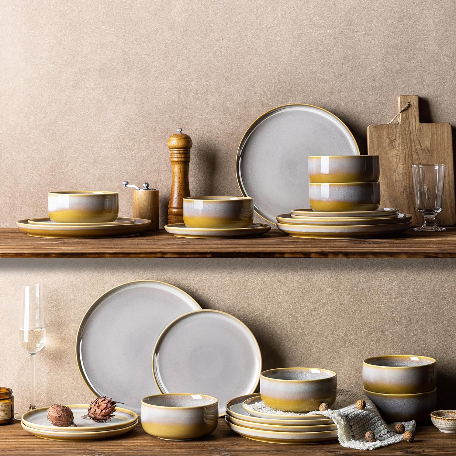 TheTerra Ceramic Dinnerware Sets for 6, 18 Pieces Handmade Reactive Glaze Plates and Bowls Set, Scratch Resistant Dish Set, Oven & Microwave & Dishwasher Safe, Autumn Haze