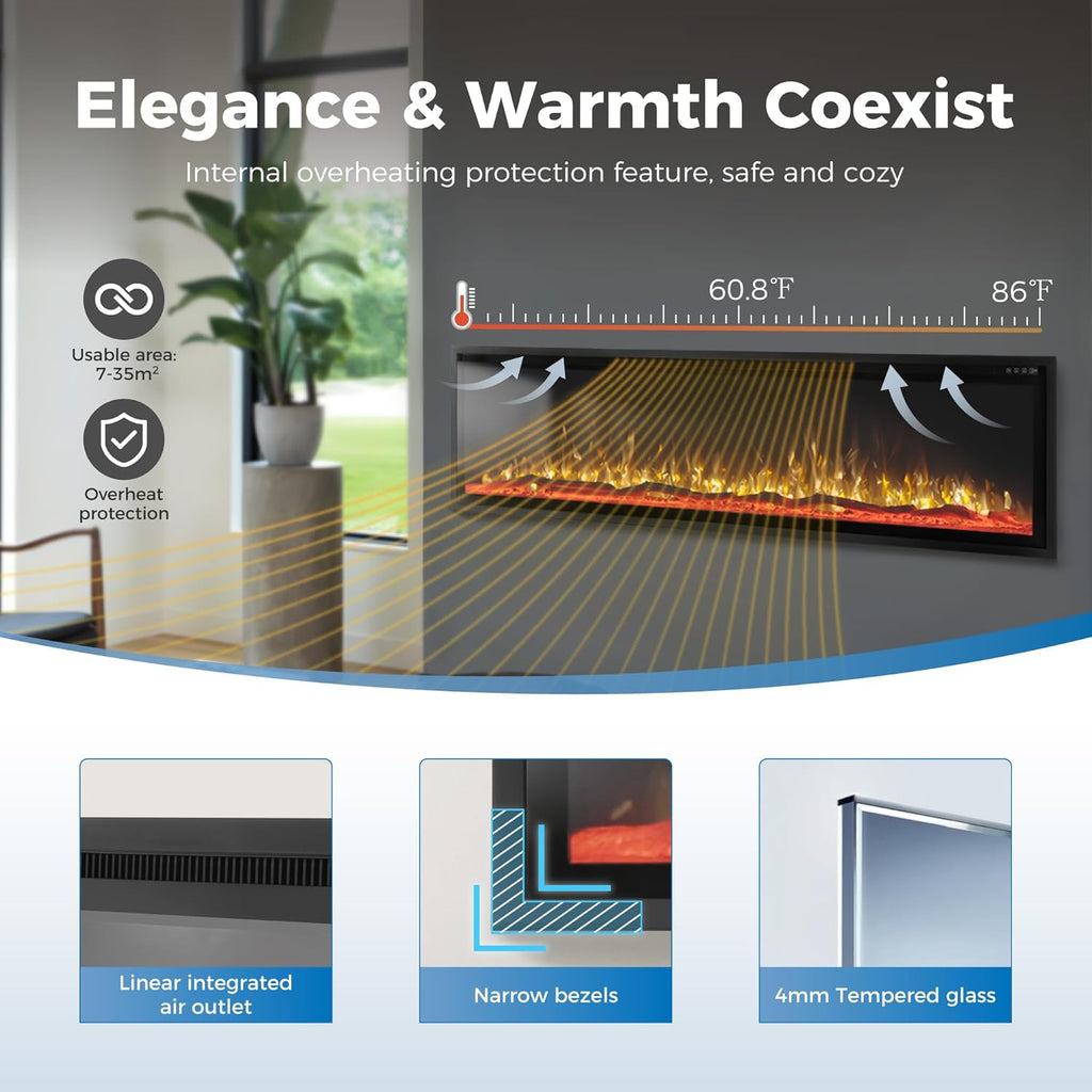 MAISON ARTS 72" Electric Fireplace, Recessed & Wall Mounted Electric Fireplace Heater, Ultra Narrow Frame Fireplace Insert w/Remote Control, Timer, Adjustable Flame Colors, Log/Crystal, 750/1500W