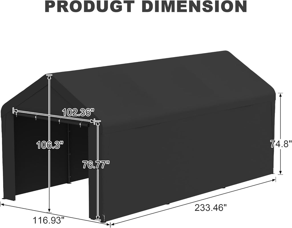 Carport 10 x 20 FT Heavy Duty, Portable Garage Canopy, Waterproof Car Canopy with Side-Opening Removable Door, Carport Canopy for Car, Truck, Boat, Equipment (Black)