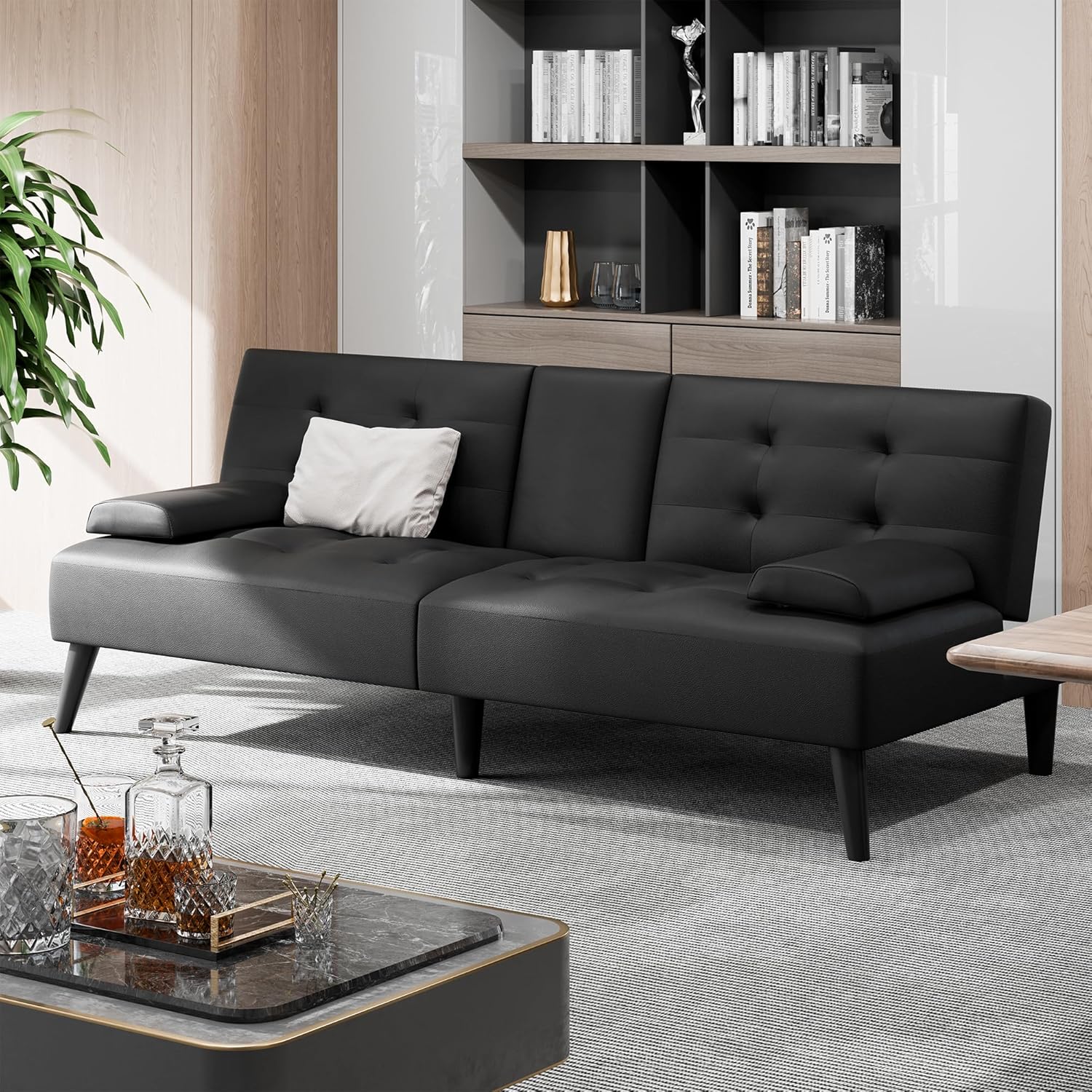 Shintenchi Futon Sofa Bed, Leather Foldable Couch, Reclining Sleeper with Removable Armrests, Upholstered Loveseat Sofa Couch with Folding Cup Holders for Home, Office(Black)