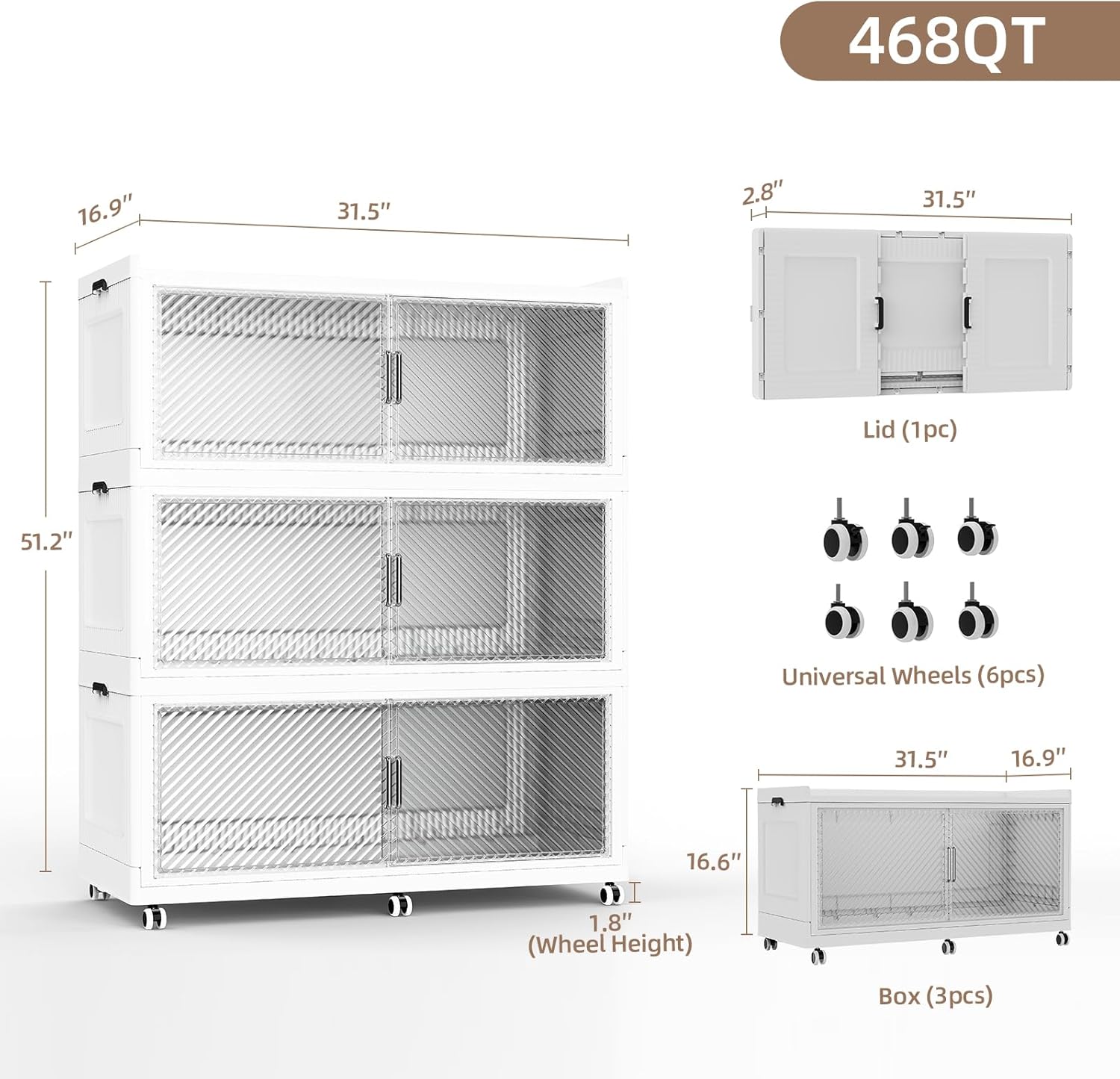 SAILUN 150Gal Extra Large Stackable Storage Bins with a Lid, Collapsible Storage Bins With Doors and Wheels, Foldable Storage Cabinet for Garage Closet Organization, White, 3Pack