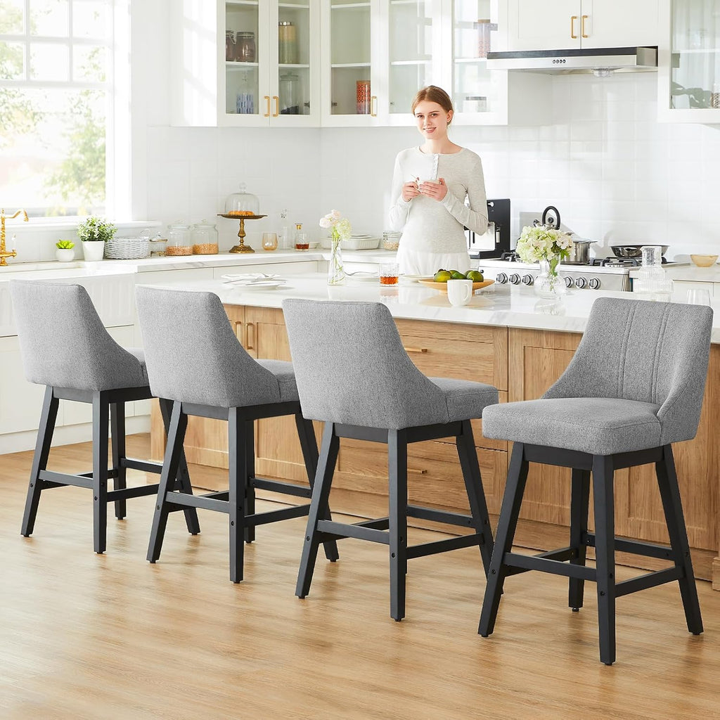 27'' Counter Height Bar Stools Set of 2, Swivel Bar Stools with Backs, Modern Fabric Bar Stools for Kitchen Island, Solid Wood Legs, Adjustable Feet (Fabric - Dark Gray, Set of 2-27" H)