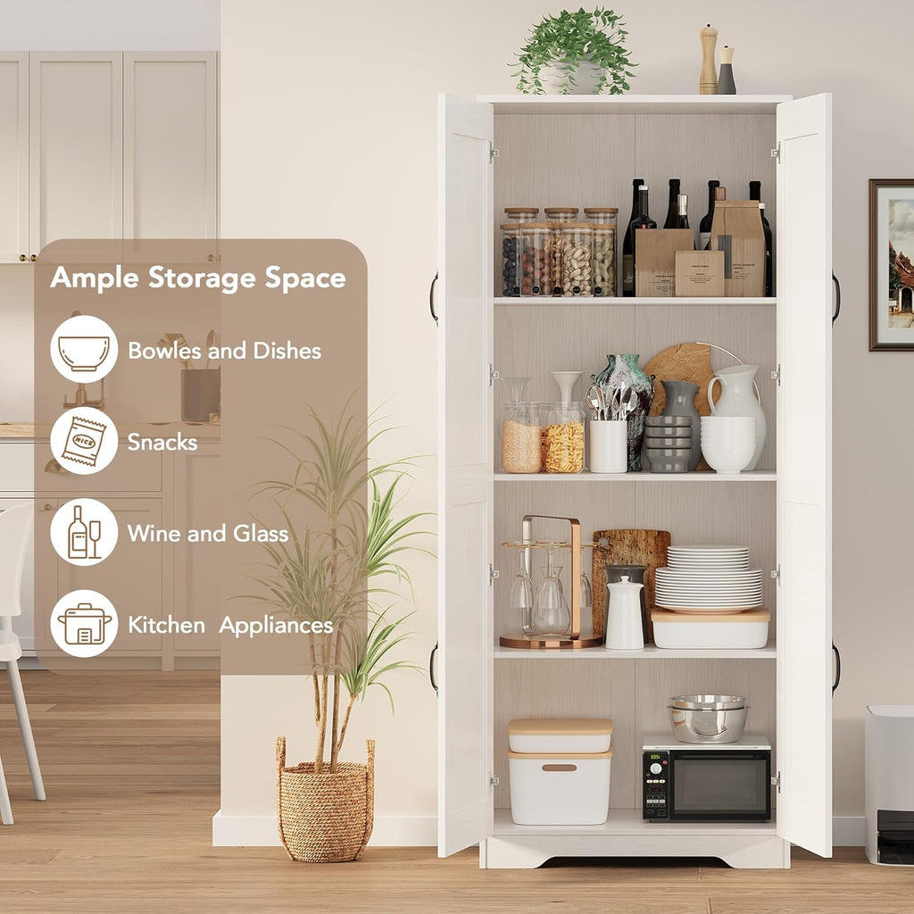 IDEALHOUSE Tall Pantry Cabinet, 60" Kitchen Pantry Storage Cabinet with 2 Doors and Adjustable Shelves, Freestanding Kitchen Cabinet, Cupboard for Dining Room, Bathroom (White)