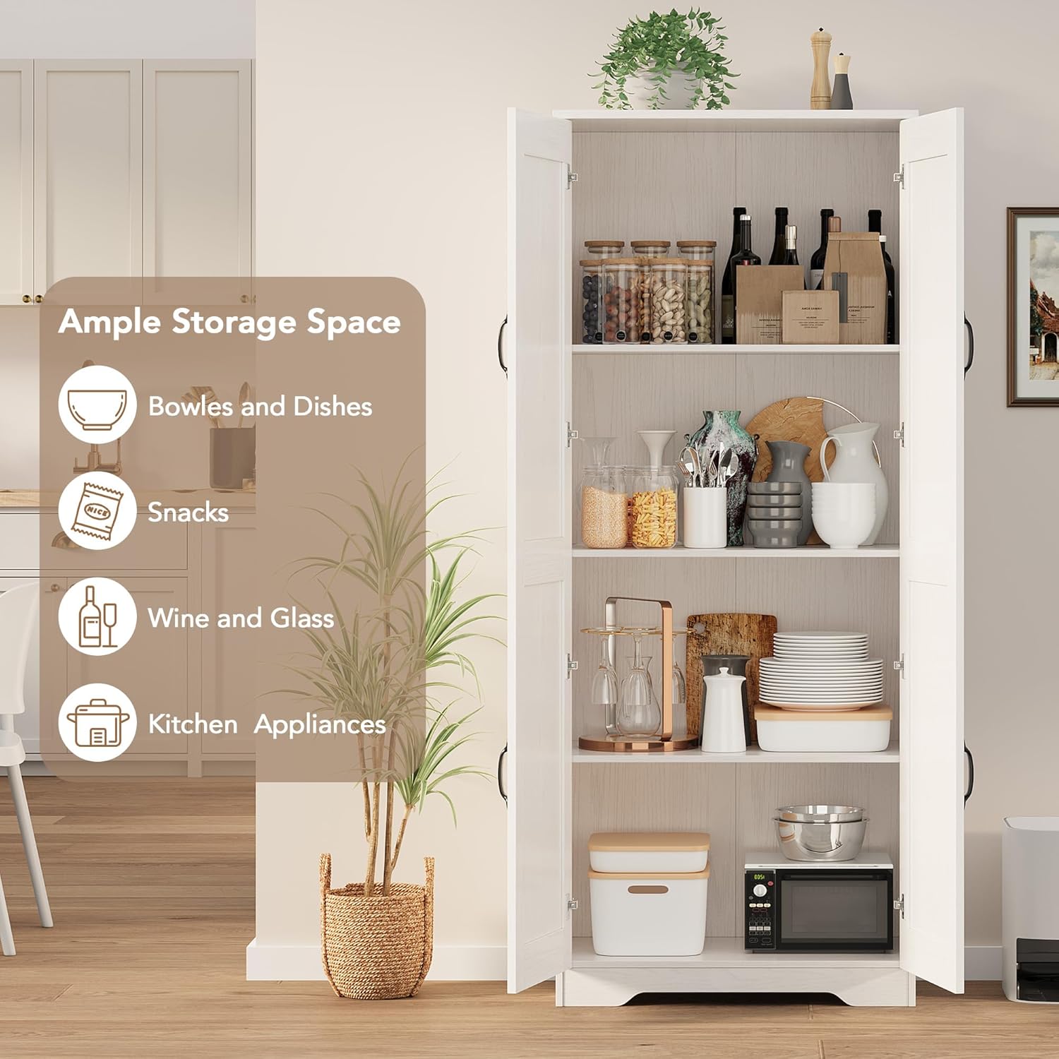 IDEALHOUSE Tall Pantry Cabinet, 60" Kitchen Pantry Storage Cabinet with 2 Doors and Adjustable Shelves, Freestanding Kitchen Cabinet, Cupboard for Dining Room, Bathroom (White)