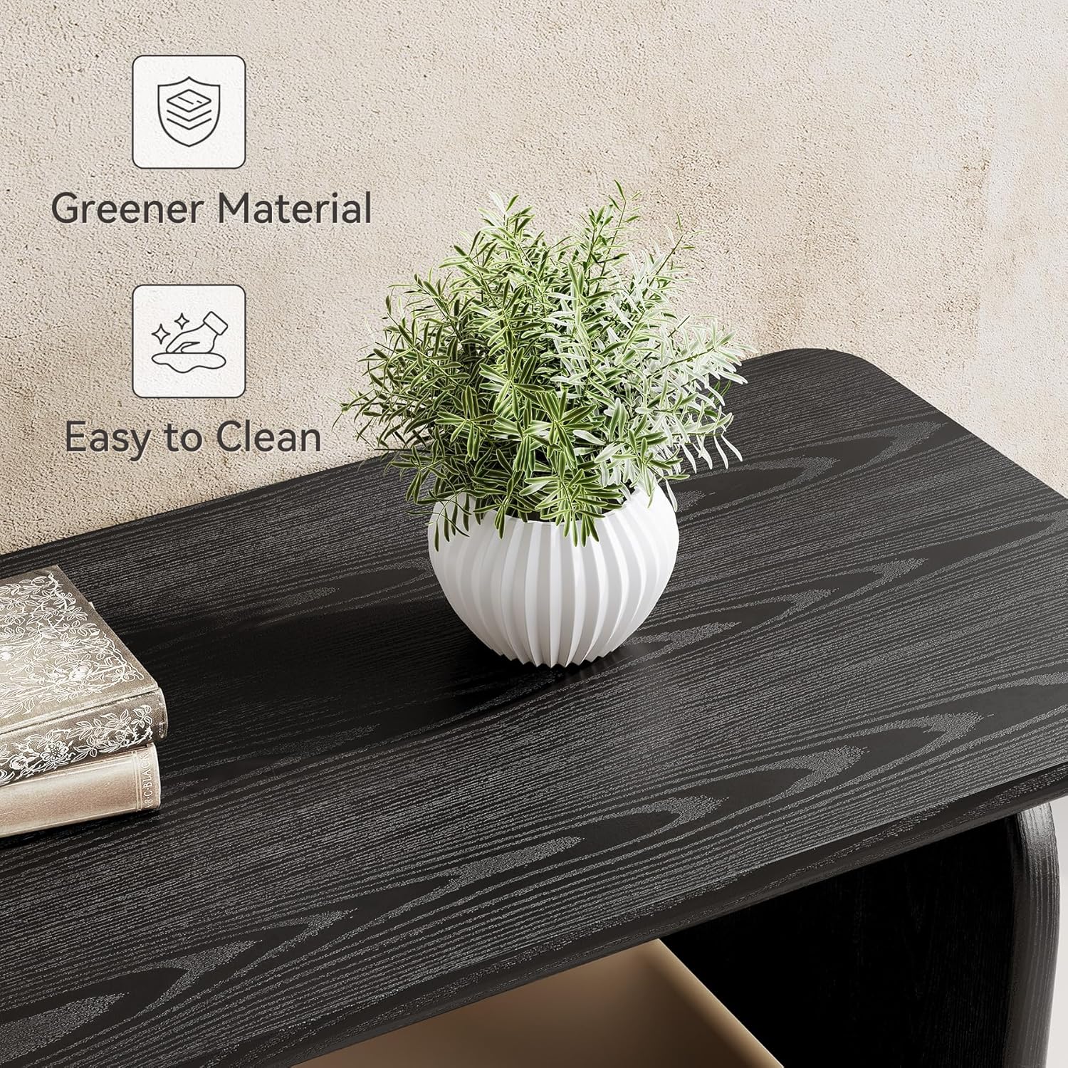 LITTLE TREE Farmhouse Coffee Table, 47 Inches Wooden Center Tables with Rounded Corners, Rectangular Living Room Tables, Modern Low Cocktail Tea Furniture for Living Room (Black)