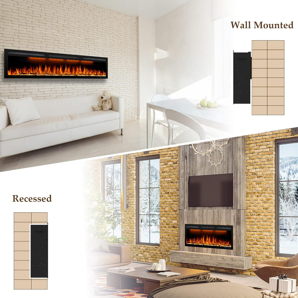 72 inches Electric Fireplace, Recessed and Wall Mounted Fireplace Heater and Linear Fireplace Inserts, Adjustable Heaing& Remote Control& Touchscreen, Multicolor Flame & Realistic logs,1500W, Black