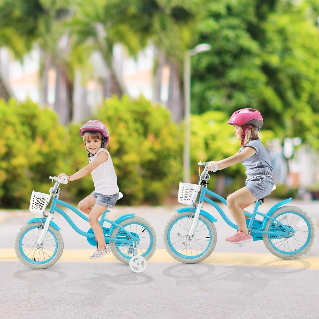COSTWAY Kids Bike, 12 14 16 18 Inch Toddler Bike Children Bicycle w/Training Wheels, Hand & Coaster Brakes, Adjustable Saddle & Handlebar, Basket, Bell, Kids Bicycle for Girls Boys Aged 3-8 Years Old