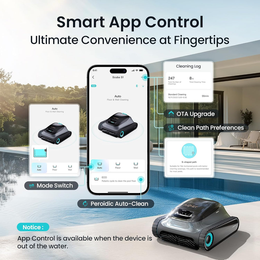 (2026 Upgrade) Aiper Scuba S1 Robotic Pool Cleaner  Wall & Waterline Cleaning  Double Filtration  Extended 180-Min Battery Life  Smart Navigation  App Support  OTA Upgrade