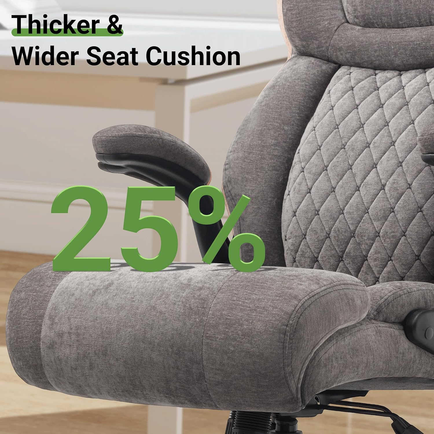 Office Chair, Big and Tall Executive Chairs with Lumbar Support for Back Pain, Breathable Fabric Desk Computer Chair with Adjustable Flip-up Armrests,Wide Cushion Swivel Home Office Chair Black,Grey