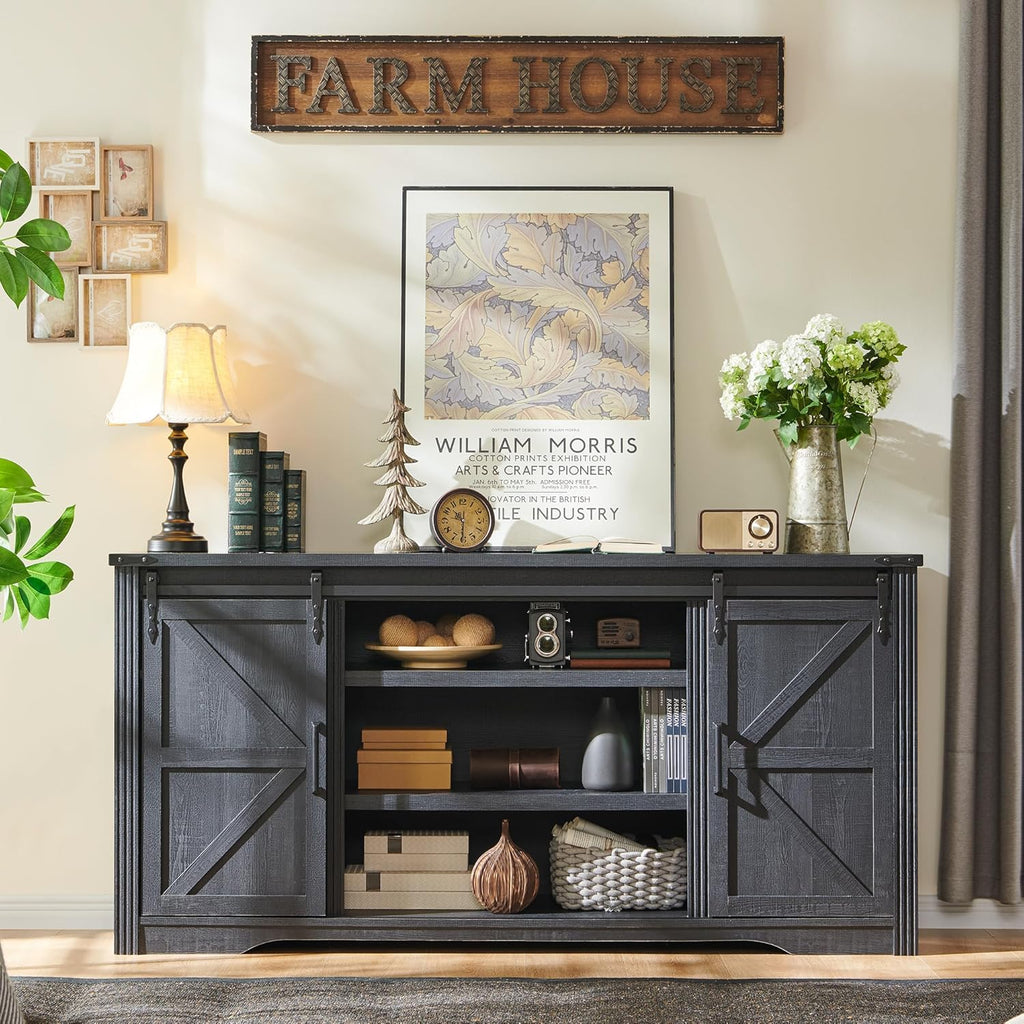 JXQTLINGMU Farmhouse TV Stand for 75+ Inch TV, 32" Tall Entertainment Center w/4 Drawers & Sliding Barn Door, Rustic Media Console w/Storage Shelves, 66" Wood Television Stand for Living Room, Black