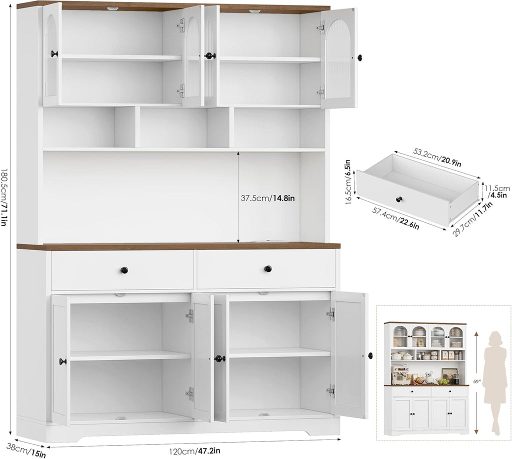 FINETONES 71" Pantry Cabinet, Tall Kitchen Pantry Storage Cabinet with Charging Station, 47.2" Wide Kitchen Hutch Food Storage Cabinets with Open Countertop for Dining Room, White