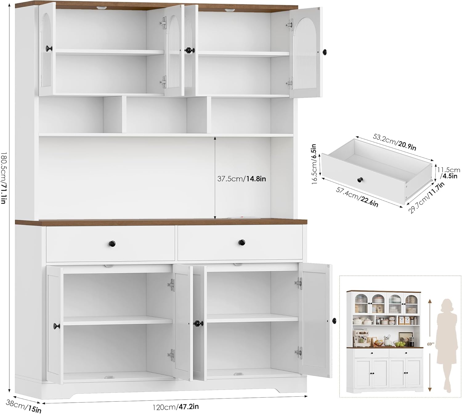 FINETONES 71" Pantry Cabinet, Tall Kitchen Pantry Storage Cabinet with Charging Station, 47.2" Wide Kitchen Hutch Food Storage Cabinets with Open Countertop for Dining Room, White