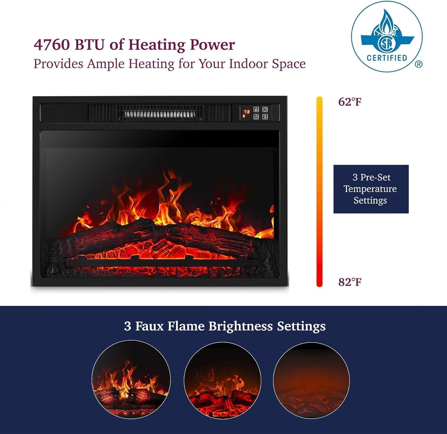 72" Electric Fireplace with Mantel and Cabinets, Fireplace TV Stand for Living Room Bedroom, LED Light, Stacked Stone Surround and Remote Control 3D Realistic Flame