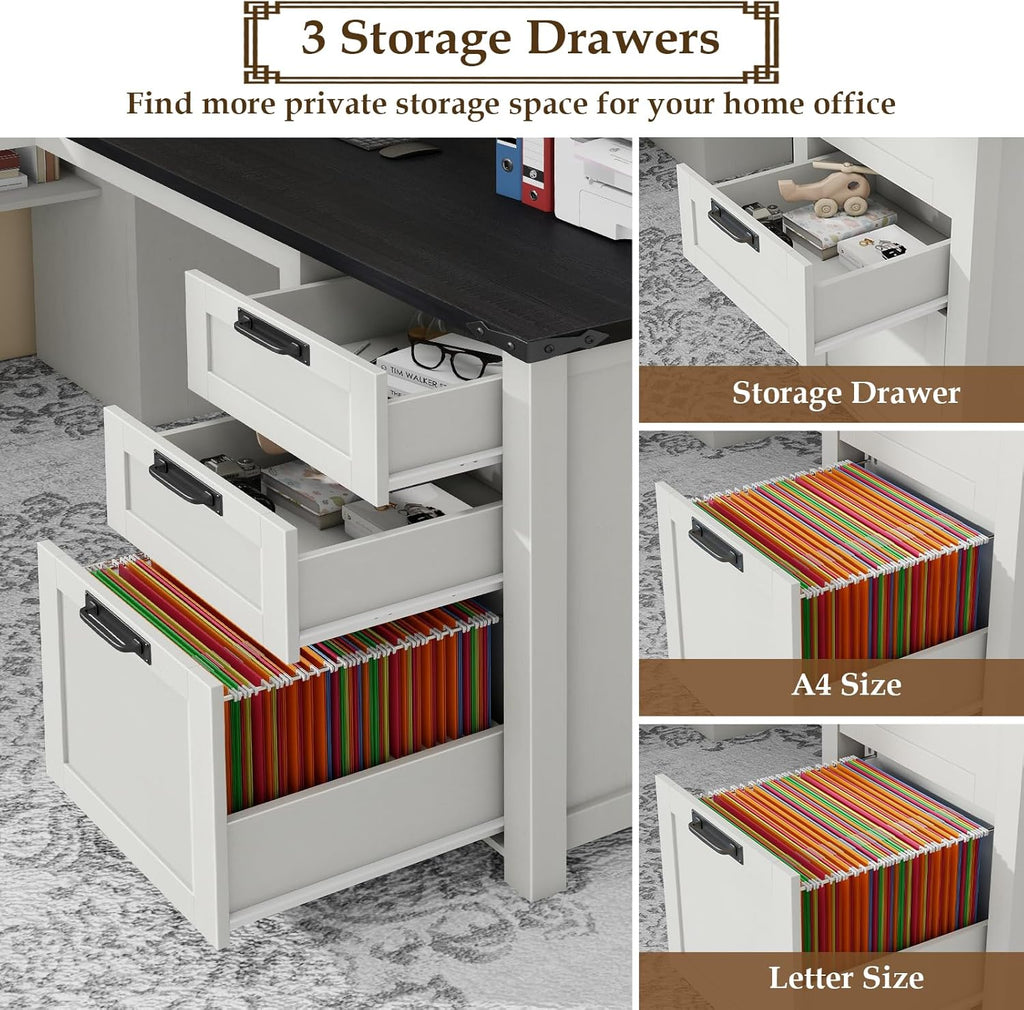 Farmhouse L Shaped Executive Desk with Drawers and Storage Shelf, Corner Standing Desk with Charging Station L-Shaped Executive Desks for for Home Office, Study, Bedroom