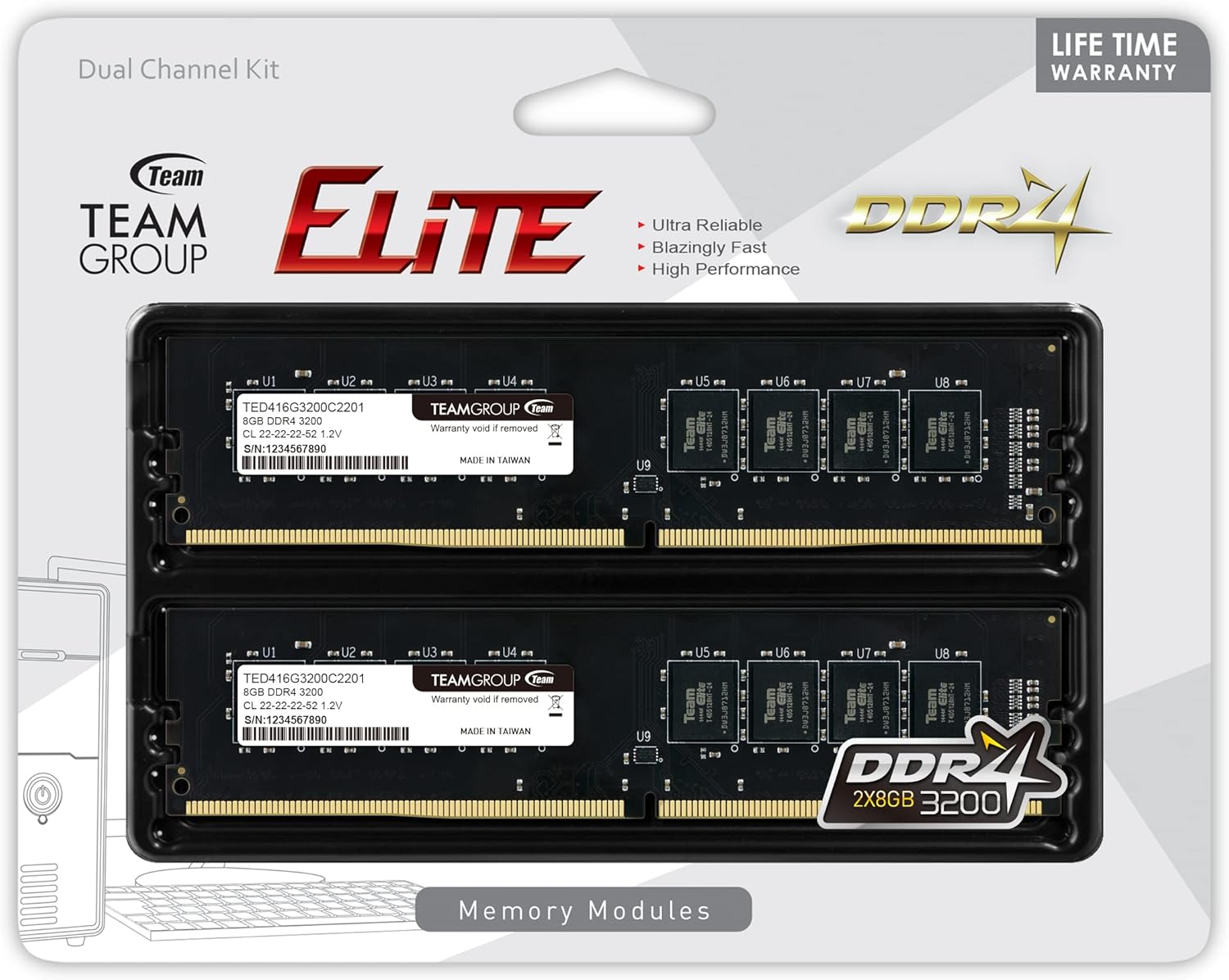 TEAMGROUP Elite DDR4 16GB Kit (2 x 8GB) 3200MHz (PC4-25600) CL22 Unbuffered Non-ECC 1.2V UDIMM 288 Pin PC Computer Desktop Memory Module Ram Upgrade - TED416G3200C22DC01