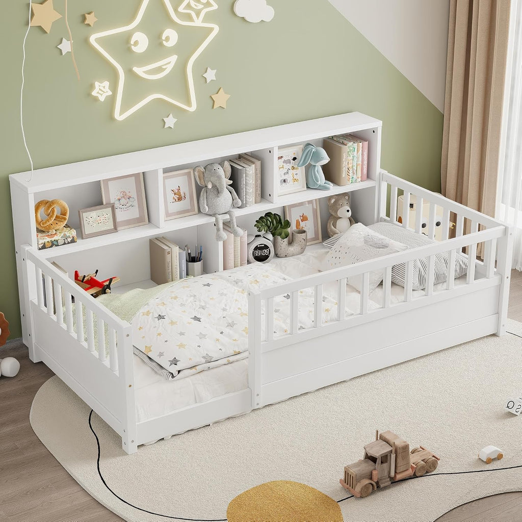 KEIKI Montessori Floor Bed Twin Size, Pine Wood Platform Bed Frame with Fence and Guardrail, Kids Bed with Side Storage Racks, Twin Floor Bed for Children, White