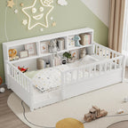 KEIKI Montessori Floor Bed Twin Size, Pine Wood Platform Bed Frame with Fence and Guardrail, Kids Bed with Side Storage Racks, Twin Floor Bed for Children, White