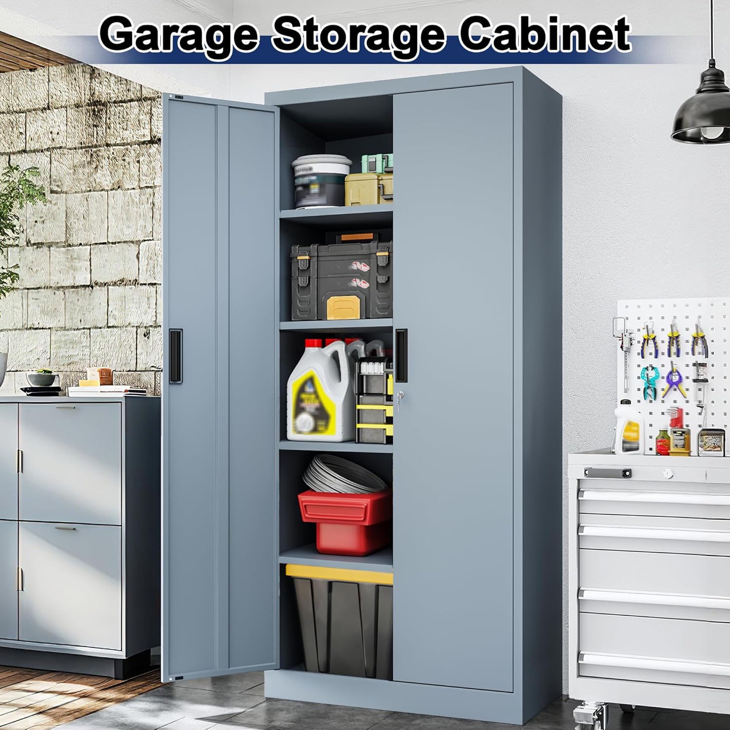 BESFUR Metal Storage Cabinet with 2 Doors and 4 Adjustable Shelves Garage Storage Cabinet with Lock 71" Office Storage Cabinets Locking Cabinets for Garage Office Shop Home (Gray)