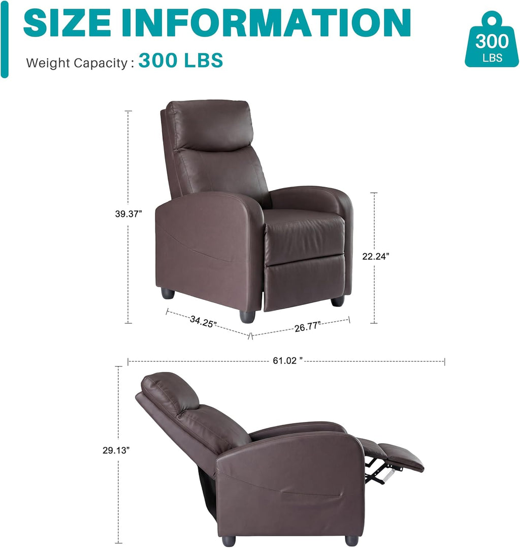 Sweetcrispy Recliner Chair PU Leather Recliner Sofa No Massage, Home Theater Seating with Lumbar Support, Adjustable Push Back Overstuffed High-Density Sponge Reclining for Living Room, Brown