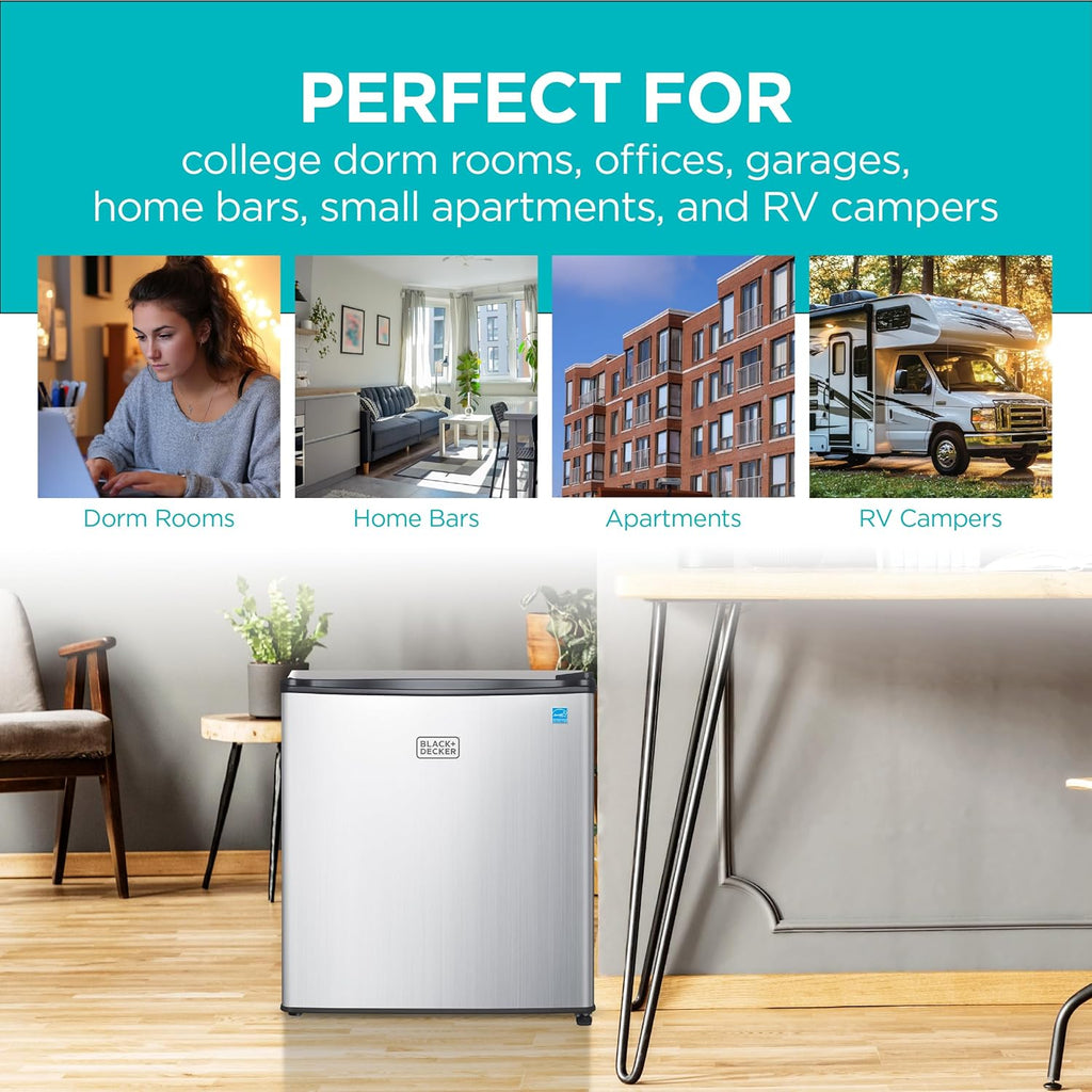 BLACK+DECKER 1.7 Cu. Ft. Compact Refrigerator, ENERGY STAR Certified, Single Door Mini Fridge with Chiller Compartment, Personal Fridge for Home or Dorm Room, R600a Refrigerant, BCRK17V,Stainless Look