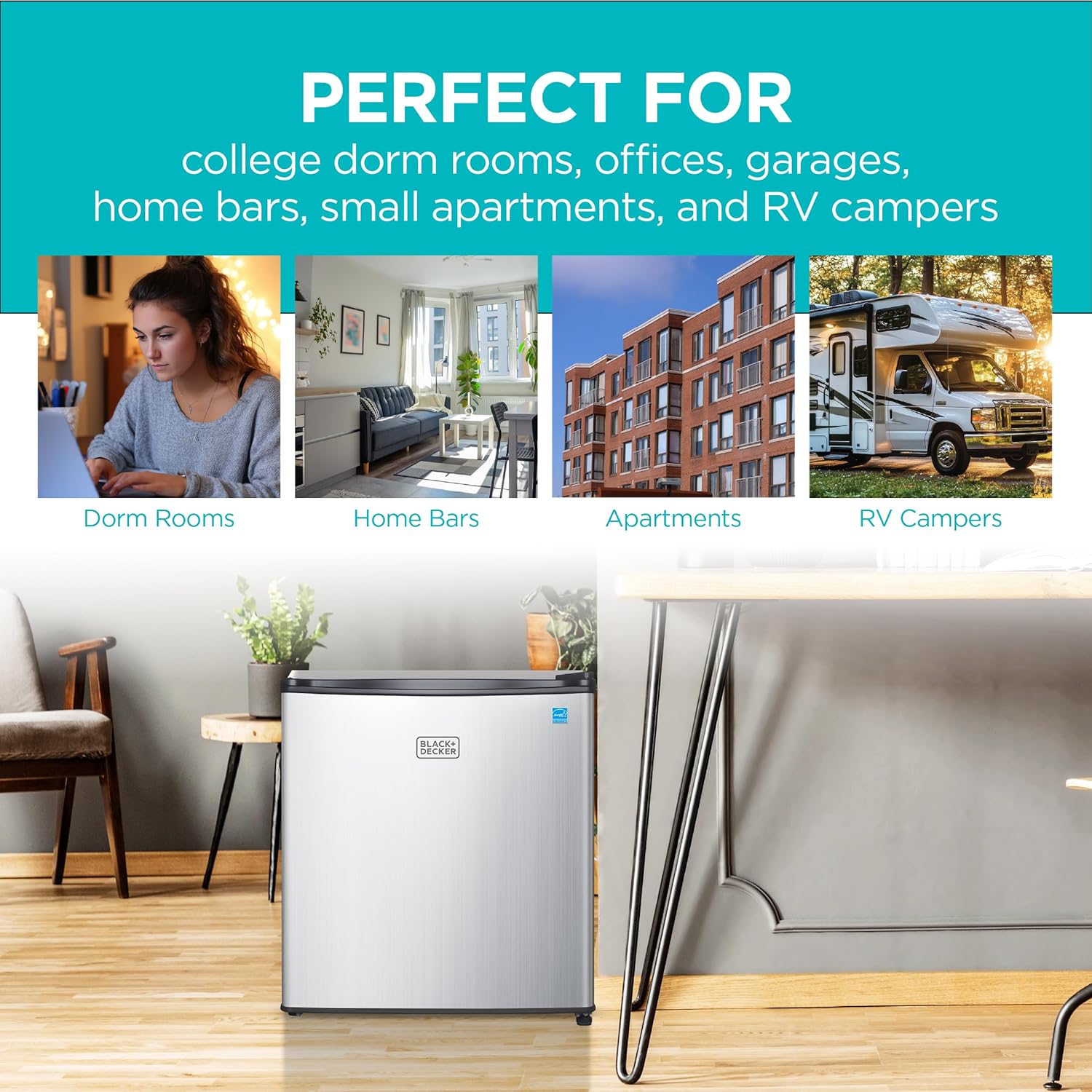 BLACK+DECKER 1.7 Cu. Ft. Compact Refrigerator, ENERGY STAR Certified, Single Door Mini Fridge with Chiller Compartment, Personal Fridge for Home or Dorm Room, R600a Refrigerant, BCRK17V,Stainless Look