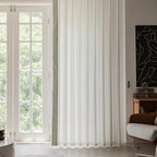 White Colour Linen Curtain Panels with Embroidered Trim Design, Pinch Pleat Curtains, Semi-Sheer Curtains for Sliding Patio Doors Bedroom (2 Panels) (50W x 108L)