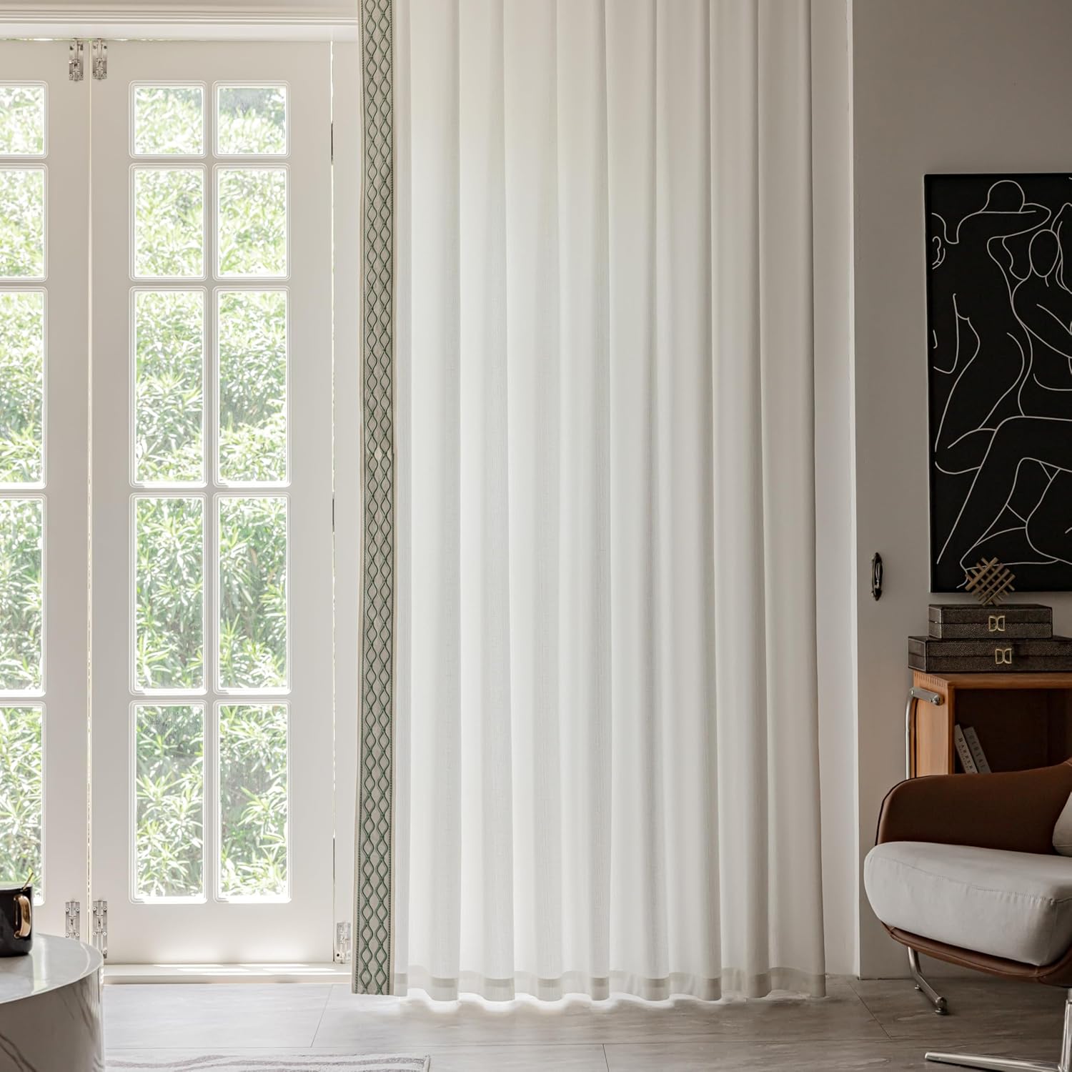 White Colour Linen Curtain Panels with Embroidered Trim Design, Pinch Pleat Curtains, Semi-Sheer Curtains for Sliding Patio Doors Bedroom (2 Panels) (50W x 108L)