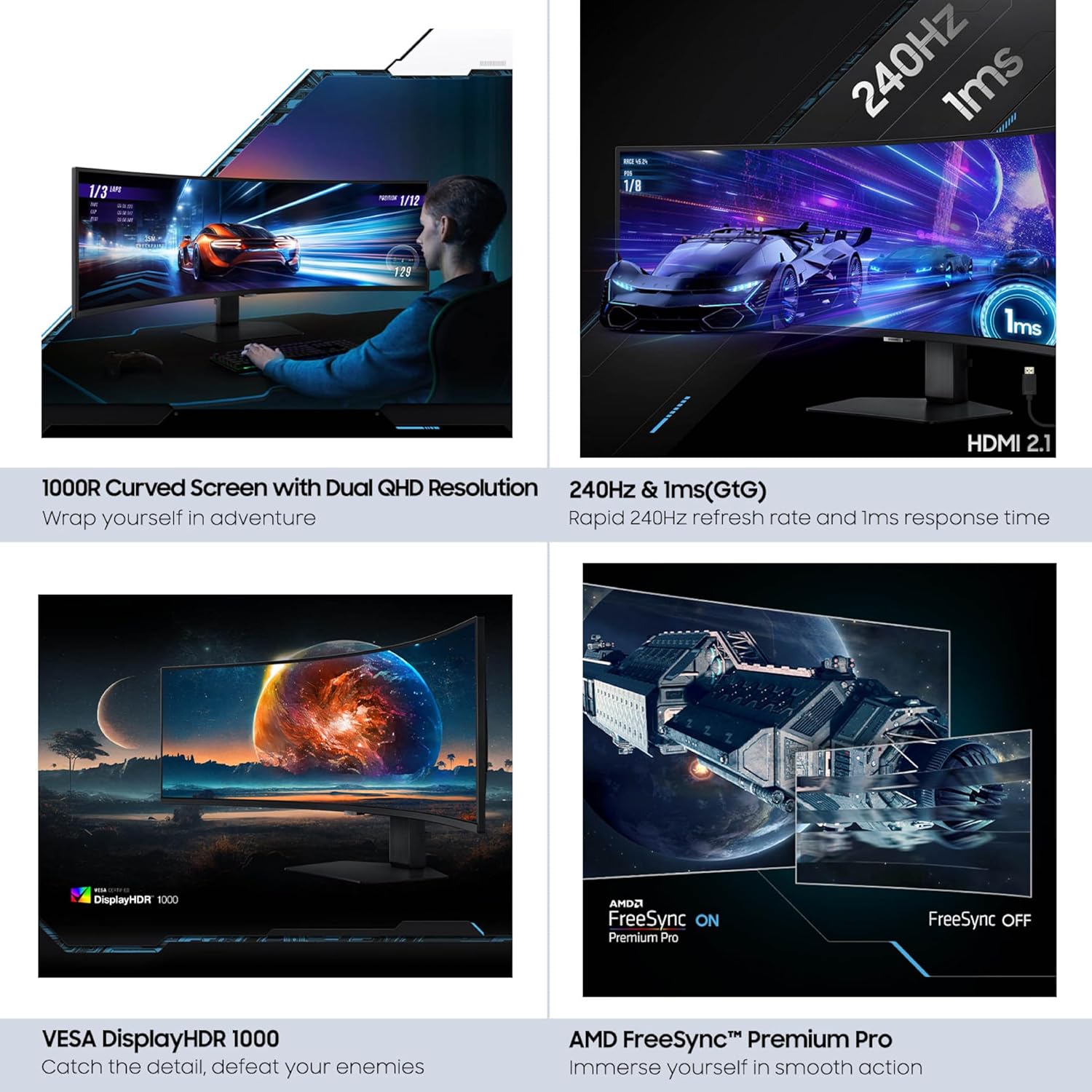 Samsung 49” Odyssey G9 Series DQHD 1000R Curved Gaming Monitor  1ms(GtG)  VESA DisplayHDR 1000  240Hz  AMD FreeSync Premium Pro  Height Adjustable Stand  Ultrawide Screen  LS49CG954ENXZA  2024