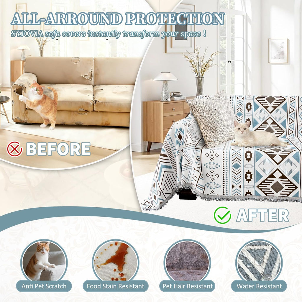 1OO% Waterproof Sectional Couch Covers for Dogs L Shaped Corner Sofa Cover Washable Chenille Sofa Slipcovers Blanket Modern Jacquard Pet Furniture Protector (91"x252", Boho Blue Brown)