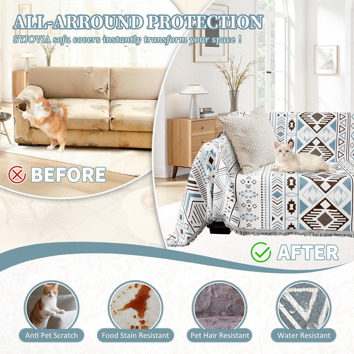1OO% Waterproof Sectional Couch Covers for Dogs L Shaped Corner Sofa Cover Washable Chenille Sofa Slipcovers Blanket Modern Jacquard Pet Furniture Protector (91"x252", Boho Blue Brown)