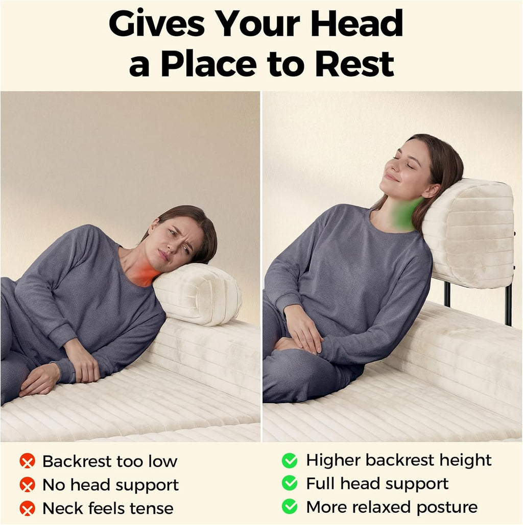 CAMMOO Couch Headrest Extender, Ergonomic Neck & Head Support for Legless Low Back Sofa, Sturdy Fixed-Height Metal Frame Sofa Backrest Extender, Fits Boneless Couch Under 28.5" (3 Pack, Beige)