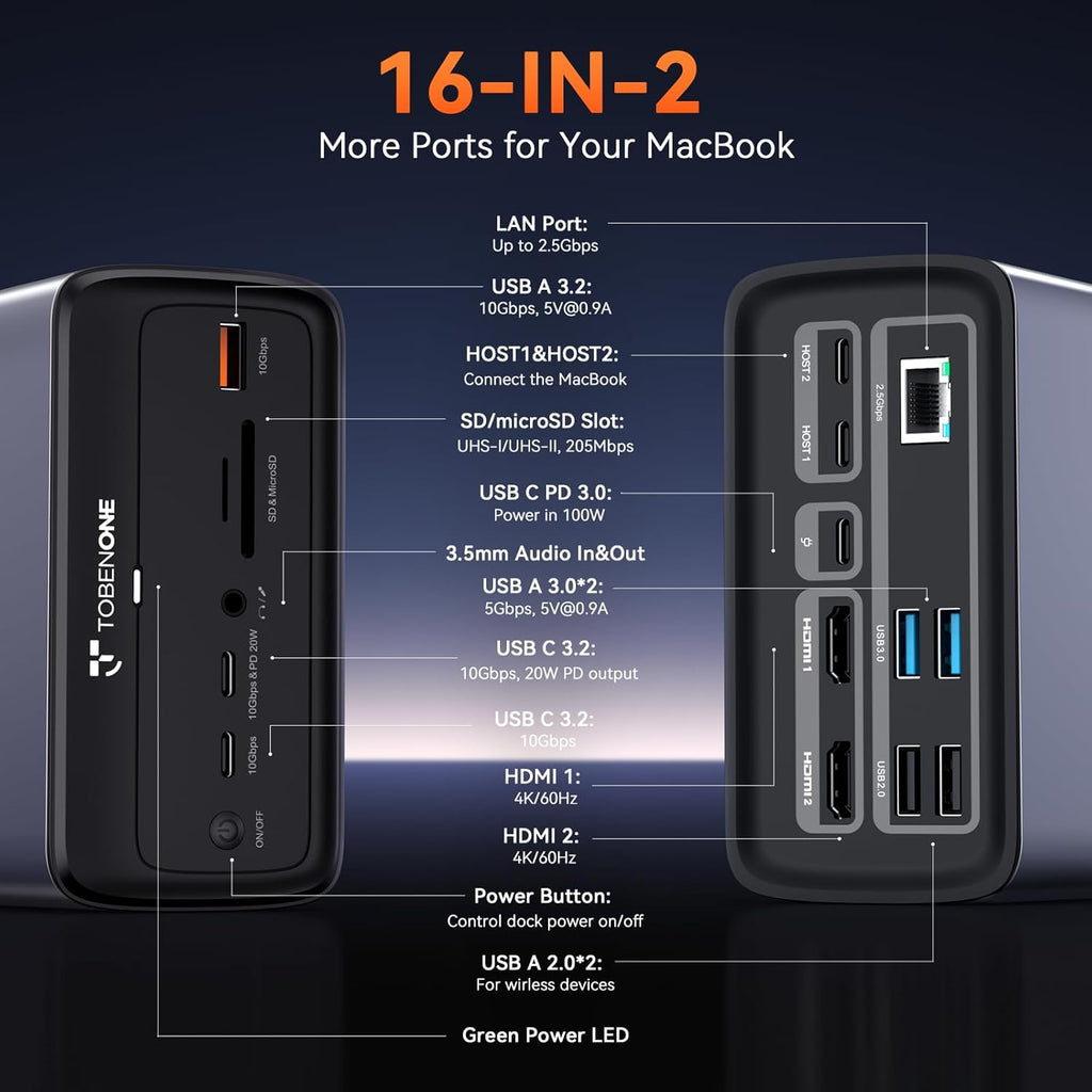 TobenONE MacBook Docking Station Dual 4K@60Hz  16-in-2 USB C Docking Station with 2 HDMI Ports  7 USB Ports  100W GaN Power Supply & 20W Charging  2.5Gbps Ethernet  for Home & Office
