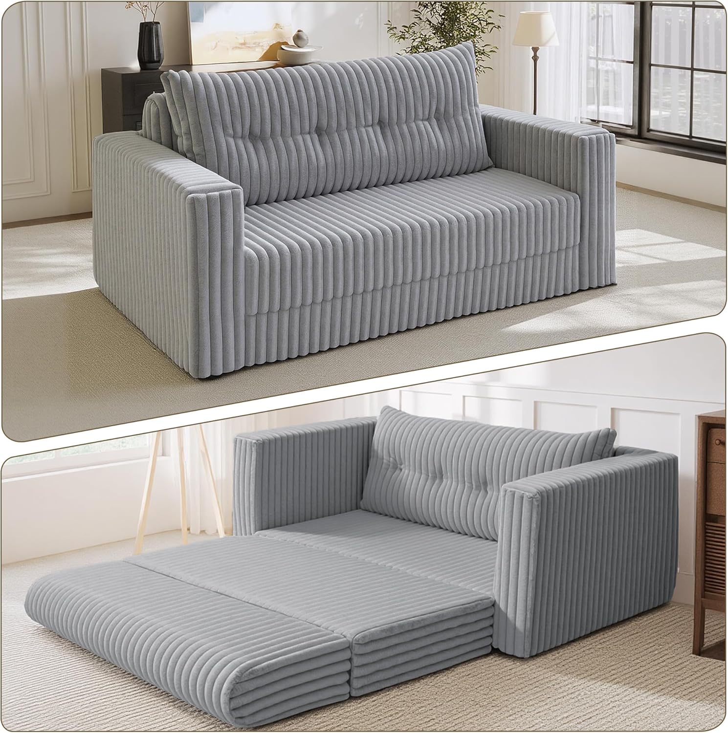HABUTWAY Folding Sofa Bed, 2 in 1 Convertible Sleeper Chair with Pillow, Portable Fold Out Chair Bed with Armrest, Comfy Floor Couch, Lazy Sofa for Living Room Bedroom Dorm Home Office, Light Grey