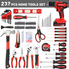 FASTPRO 232-Piece Home Tool Set with Drill, 20V Cordless Drill Driver, Household Repairing Tool Kit with Drill, 12-Inch Wide Mouth Storage Tool Bag Included, Red