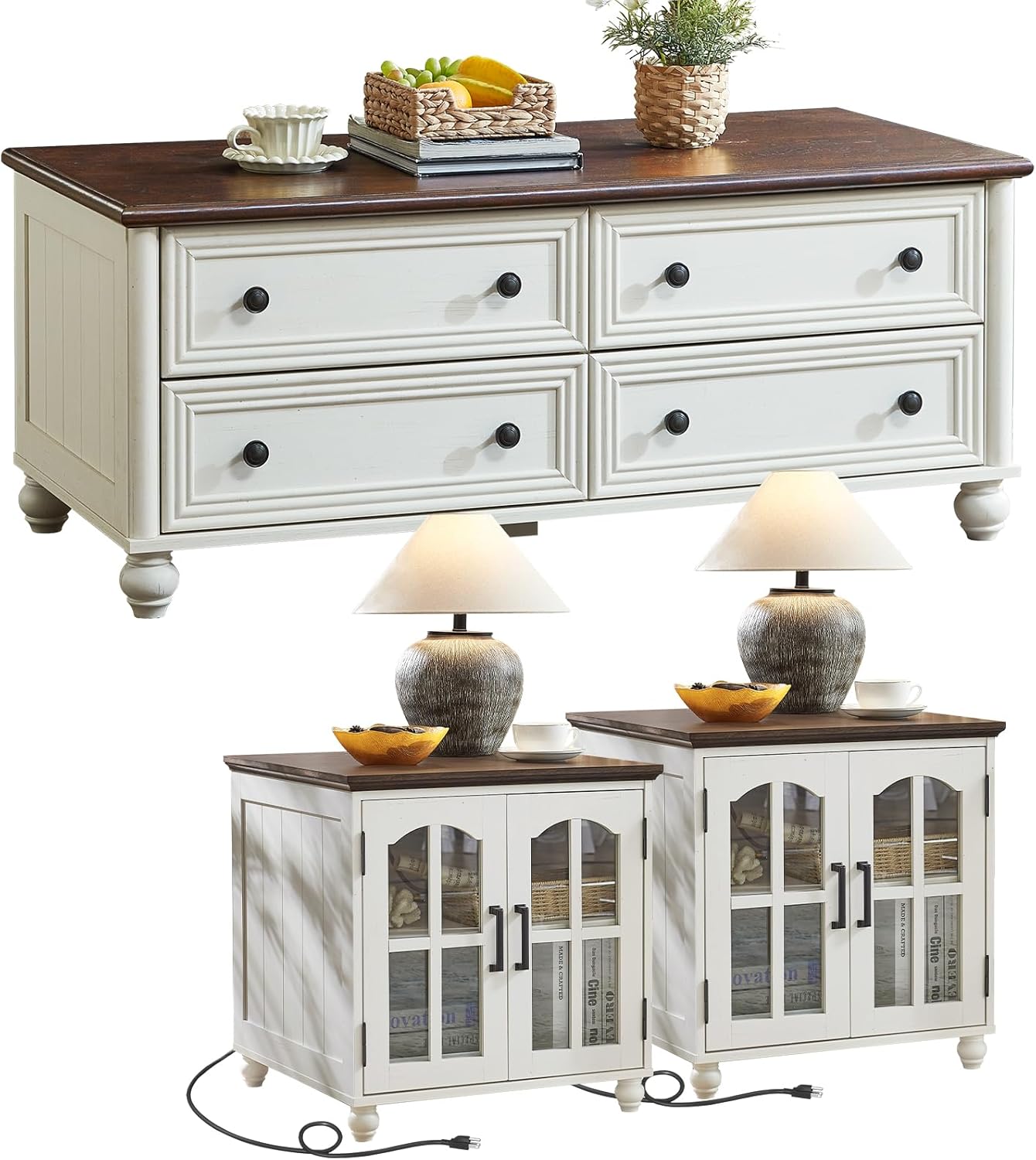 Farmhouse Coffee and end Tables 3-Piece Set,Wood 48" Center Table with 4 Drawers,Large Sofa Side Table with Charging Station & with Glass Barn Door Storage for Home Living Room Hallway,White