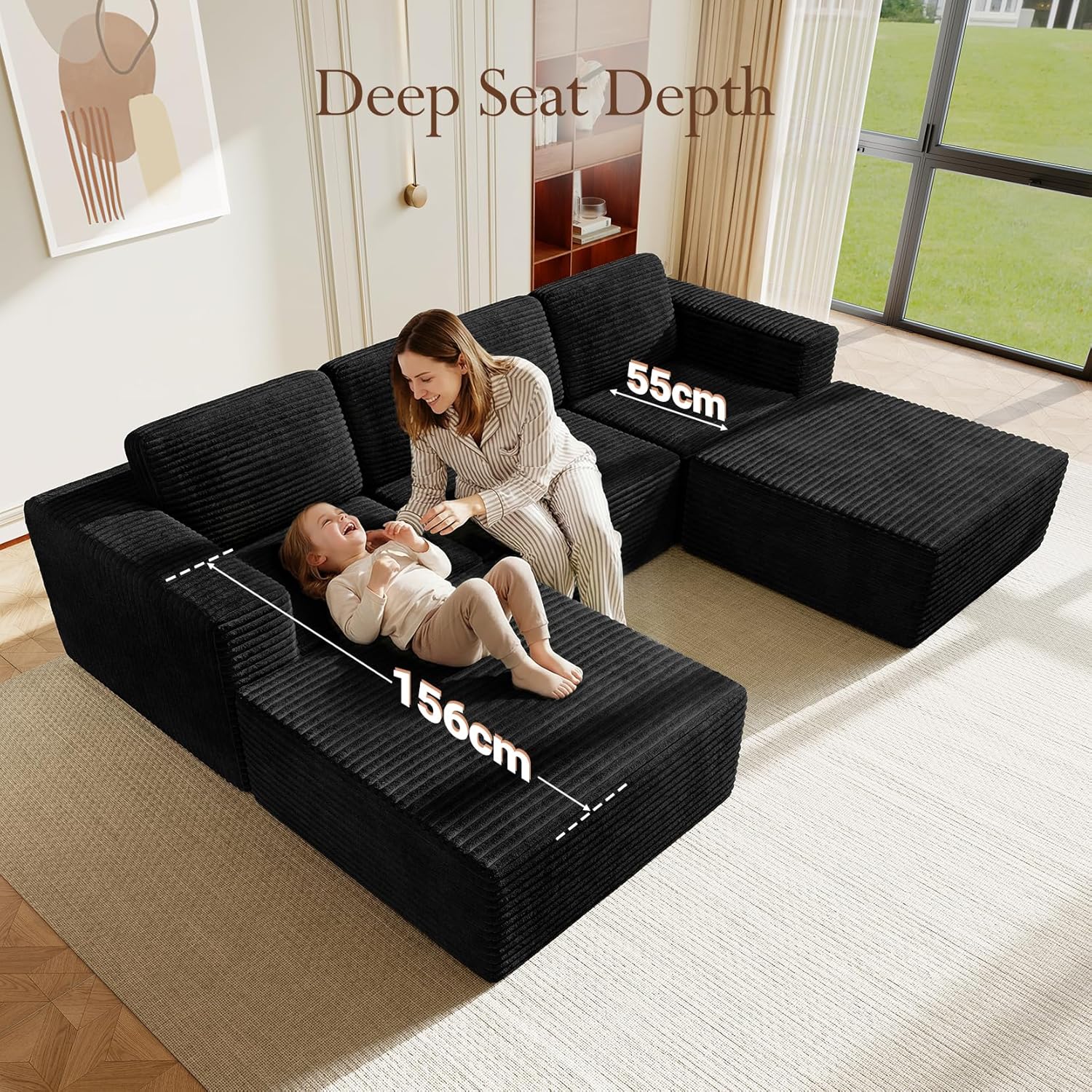 Vesgantti 119" Oversized U-Shaped Modular Sectional Sofa with 2 Movable Ottomans, Modern Cloud Couch with Deep Seat & Spring Support, Boneless Couches for Living Room, No Assembly Required, Black