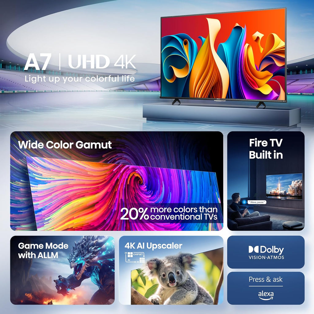 Hisense 55" Class A7 Series (55A7NF 2025 Model) 4K UHD Smart Fire TV  Voice Remote with Alexa  Wide Color Gamut  HDR10+  Dolby Vision  Dolby Atmos  Game Mode  ALLM  Stream Live TV Without Cable