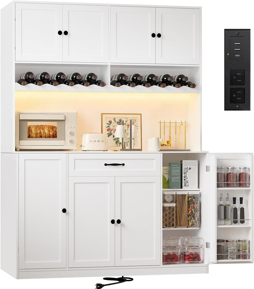 72" Tall Pantry Storage Cabinet with LED Light 55" Wide Kitchen Pantry Cabinet with Charging Station and Adjustable Shelves Modern Kitchen Hutch with Wine Rack and Large Countertop White