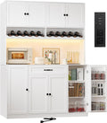 72" Tall Pantry Storage Cabinet with LED Light 55" Wide Kitchen Pantry Cabinet with Charging Station and Adjustable Shelves Modern Kitchen Hutch with Wine Rack and Large Countertop White