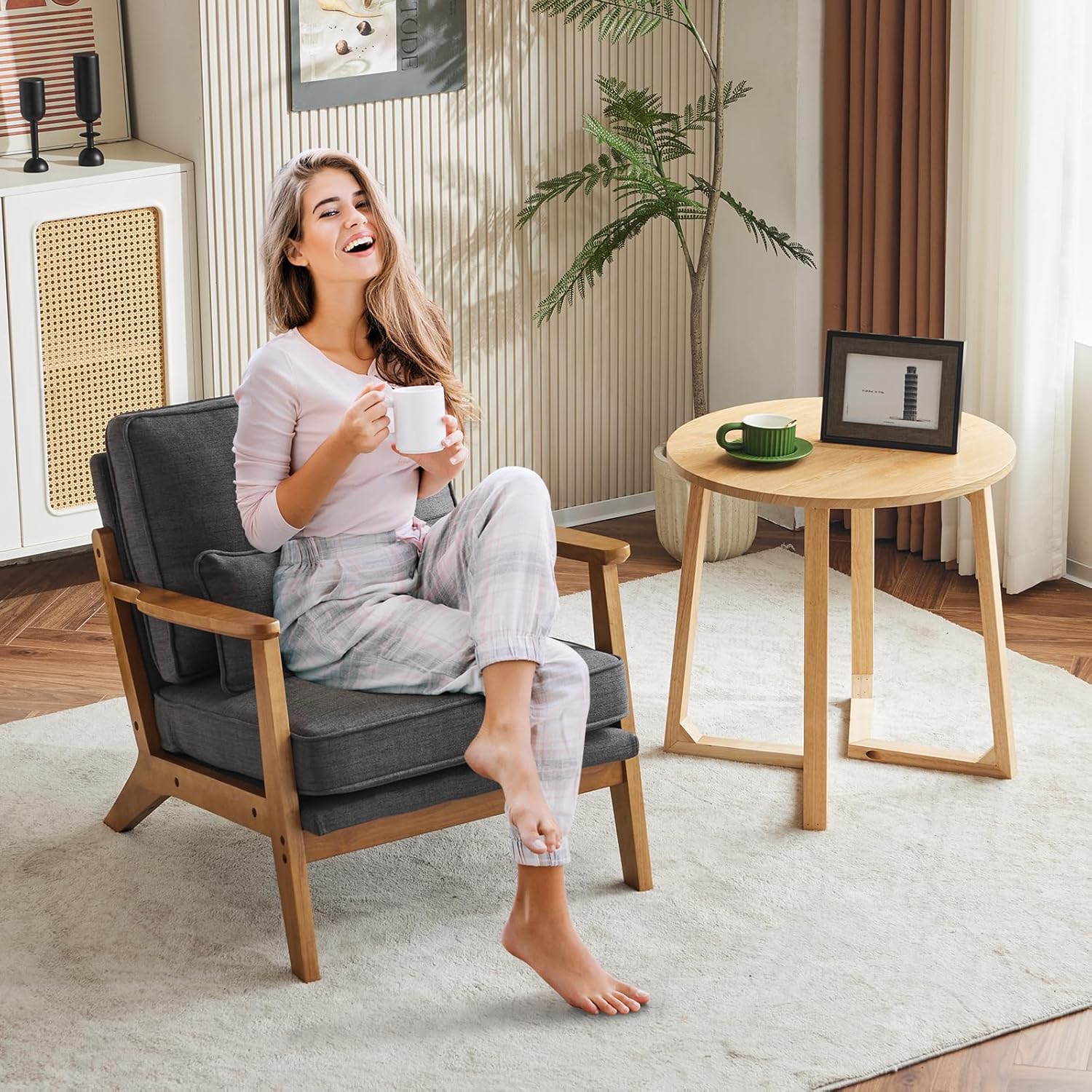 Karl home Accent Chair Wide Armrest Mid-Century Lounge Chair Linen Fabric Armchair with Lumbar Pillow & Solid Wood Frame for Living Room, Bedroom, Balcony, Gray