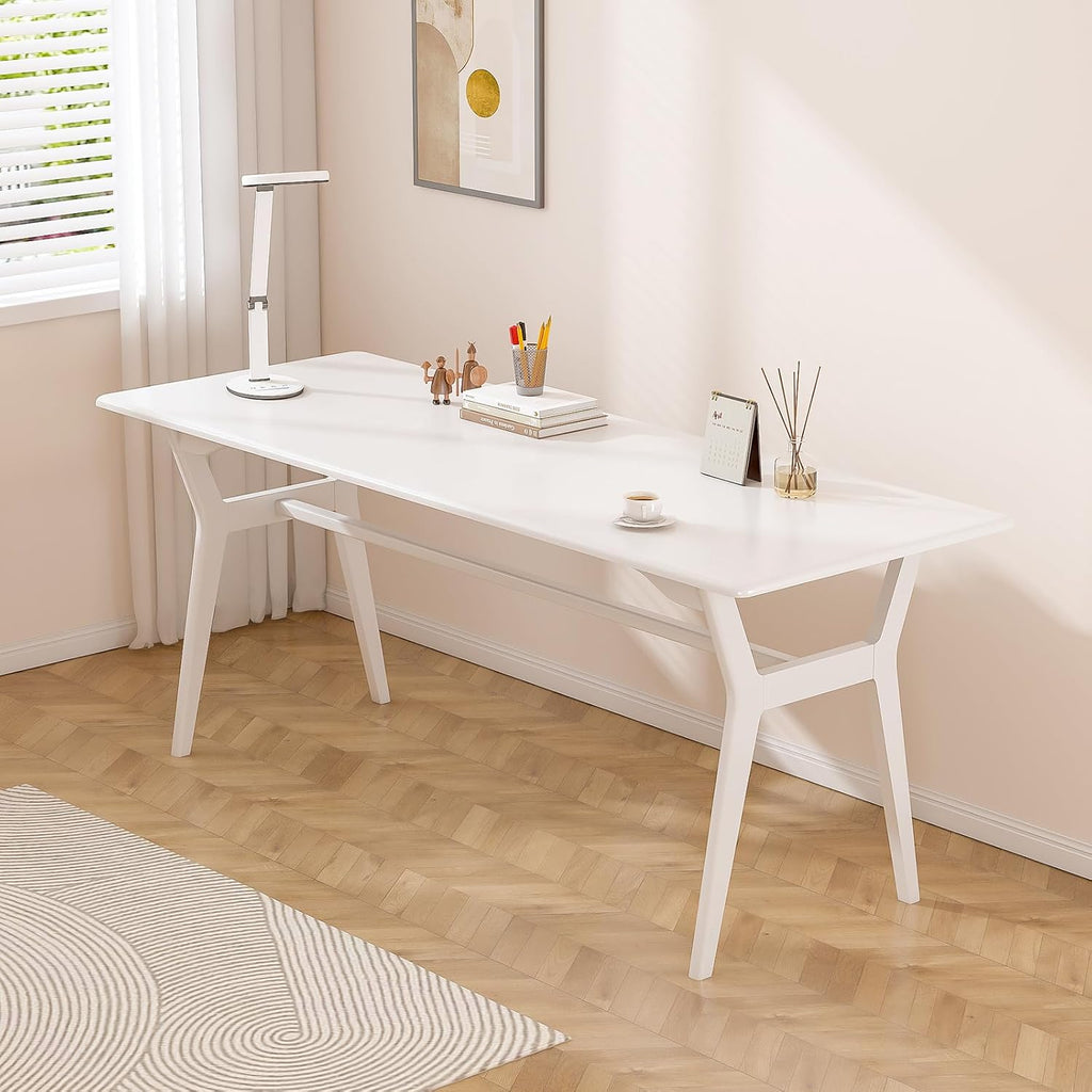 Solid Wood Study Desk - 63" Double Long Computer Table for Home Office, 2-Person PC Workstation, White