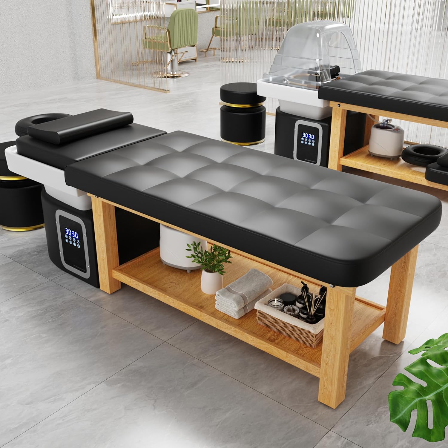 Hair Washing Head Spa Stationary Massage Table with Water Cycle & Fumigation Salon Equipment for Beauty Head Spa Physical Therapy Massage, Wood Frame, PU Leather - Black